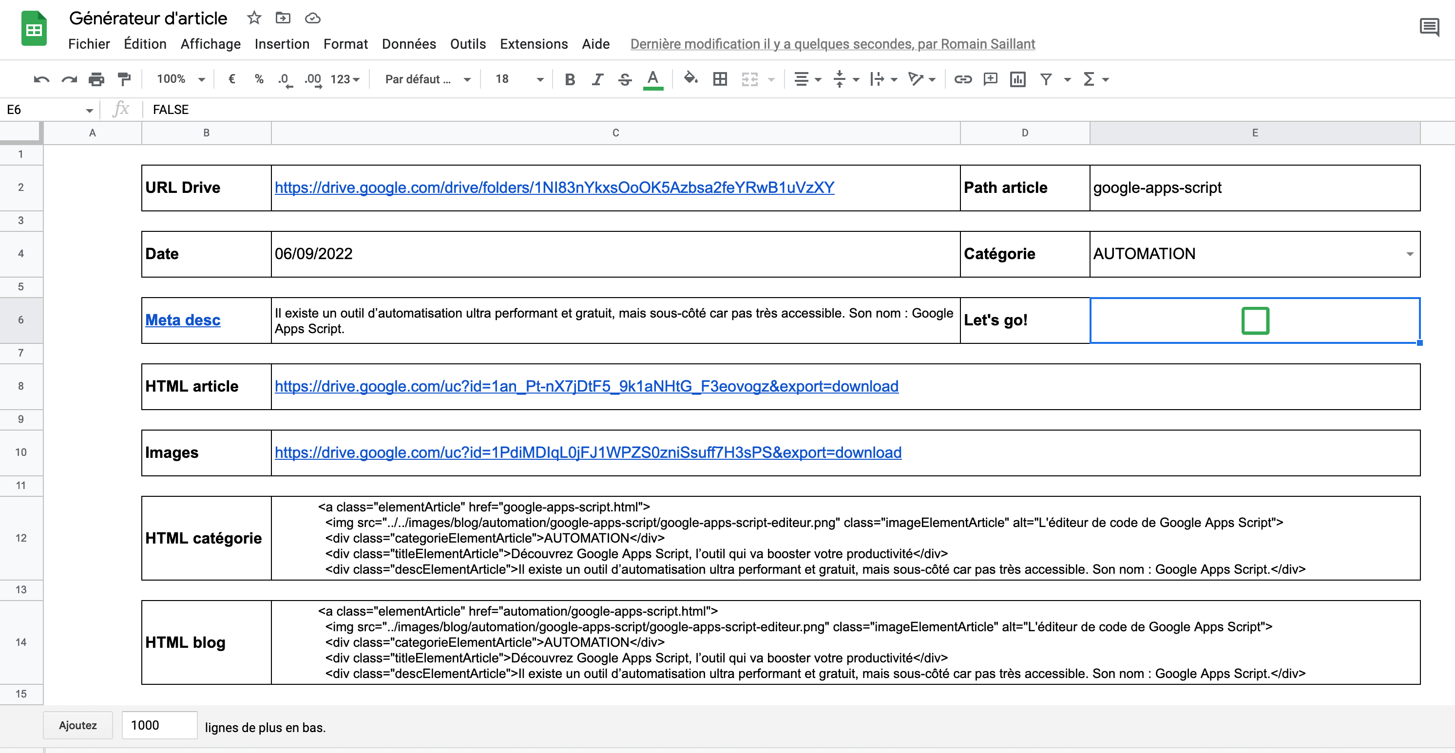 Un générateur d'articles de blog sur Google Sheets