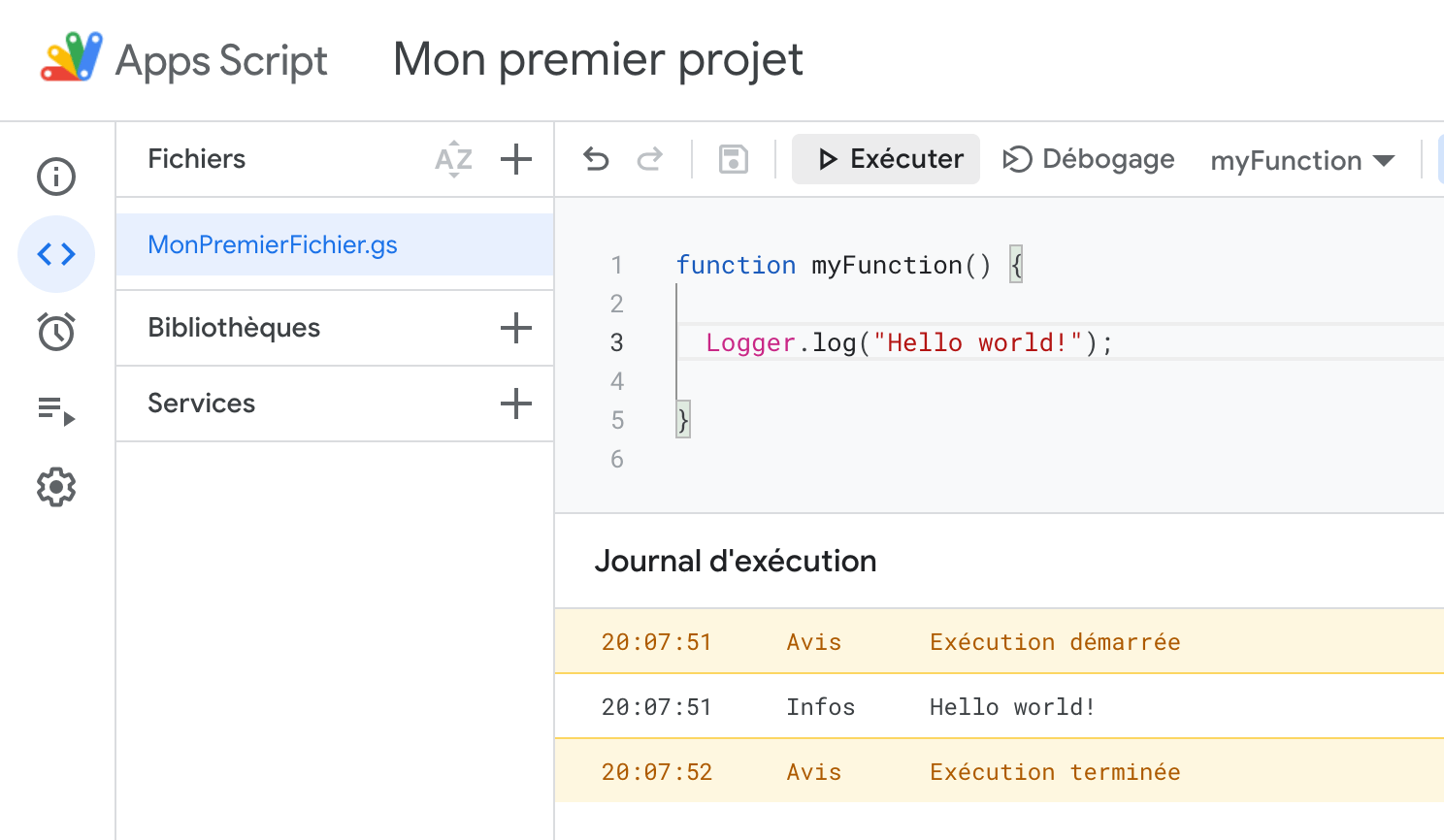 Votre première exécution sur Google Apps Script
