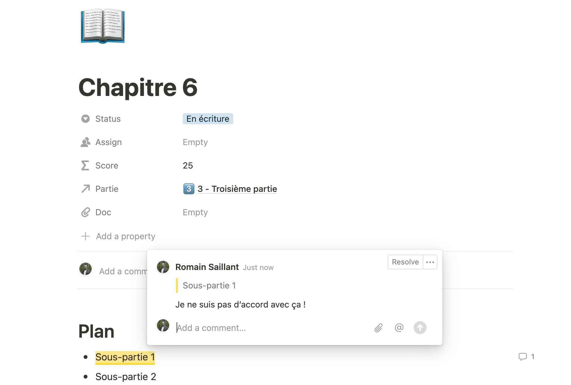 Détail d'un chapitre sur Notion